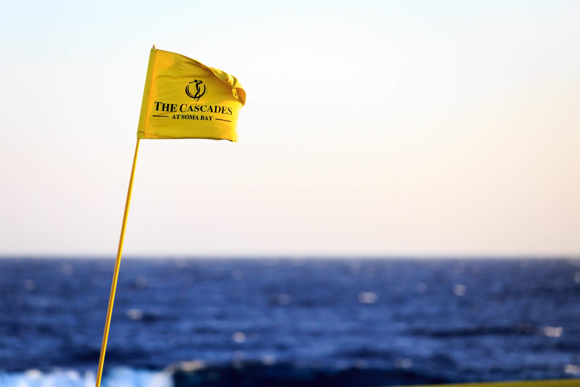 Yellow flag in front of the ocean reading "the cascades at soma bay"