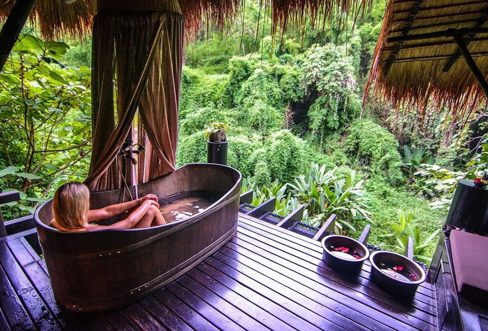 outdoor bathroom overlooking jungle at the Four Seasons Golden Triangle