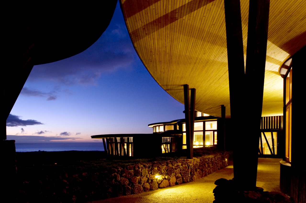 exterior of explora's rapa nui hotel at dusk