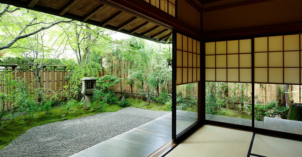 outdoor Japanese garden and traditional Japanese house