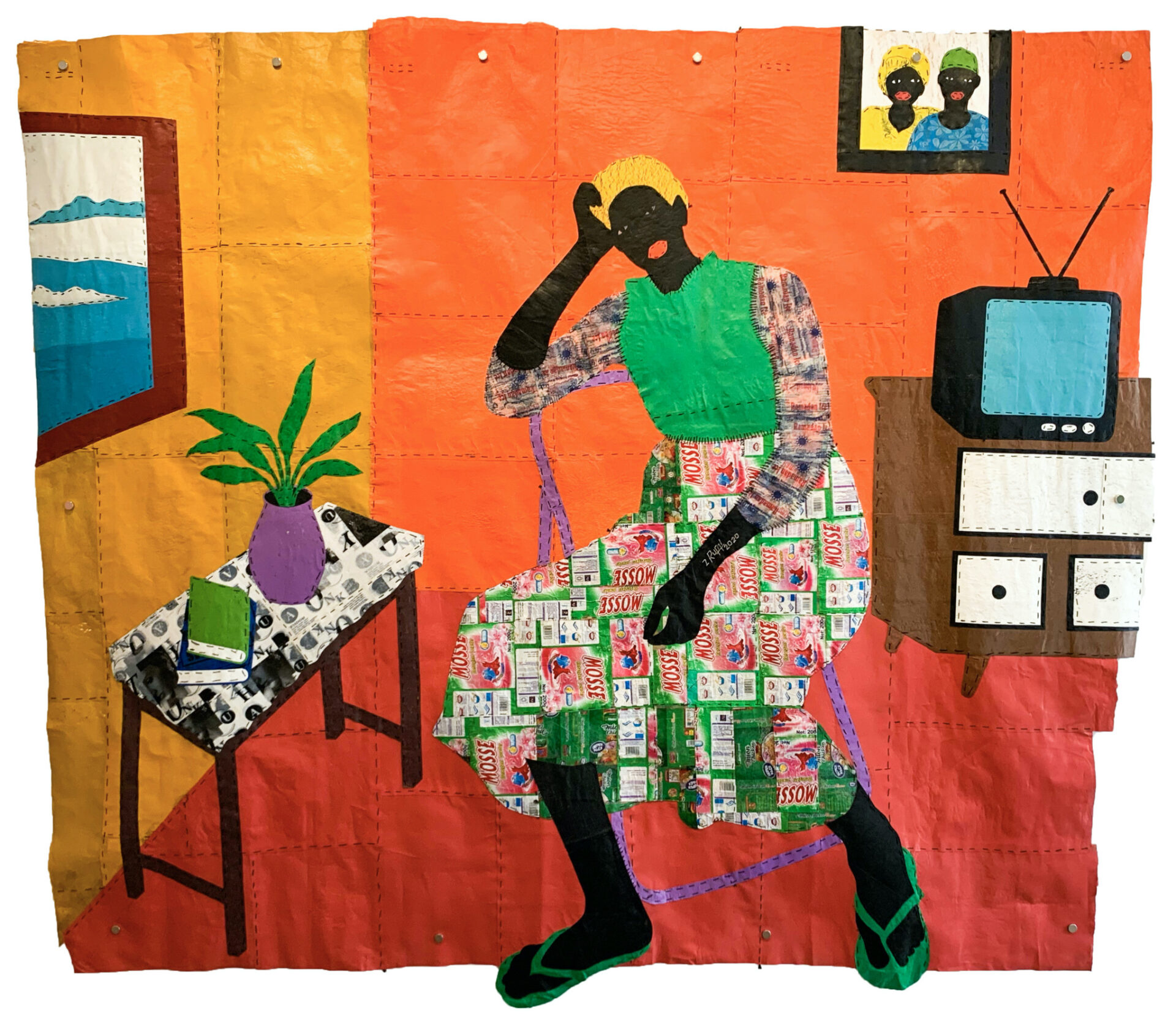 Rufai Zakari, “Wasila” The Lone Girl, 2021, Mixed media/plastic bags and food wraps, 225 x 256 cm. Courtesy of Kristin Hjellegjerde Gallery. 