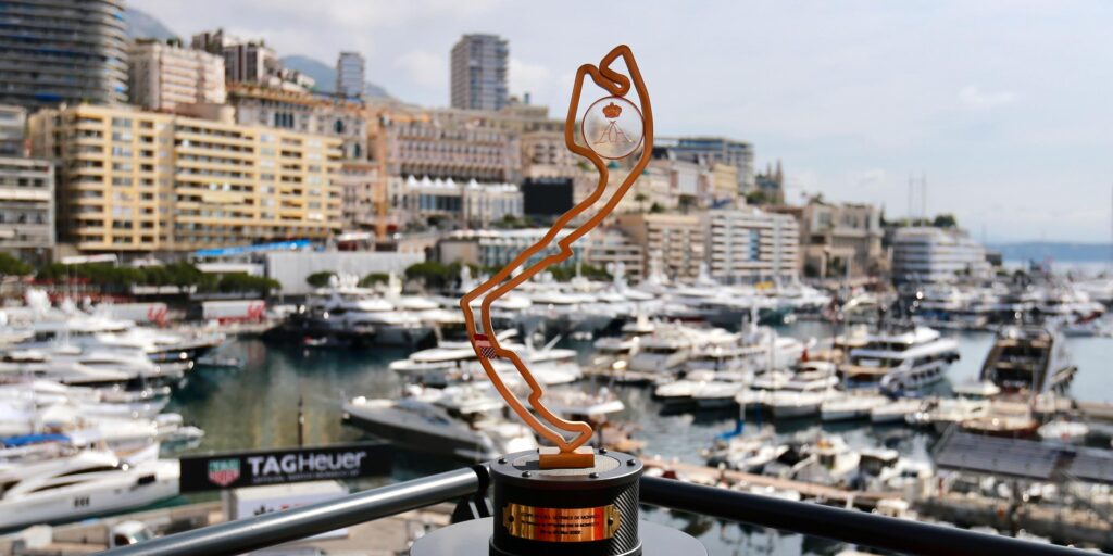 The winner's trophy for The Monaco Grand Prix sits in front of Monte Carlo 